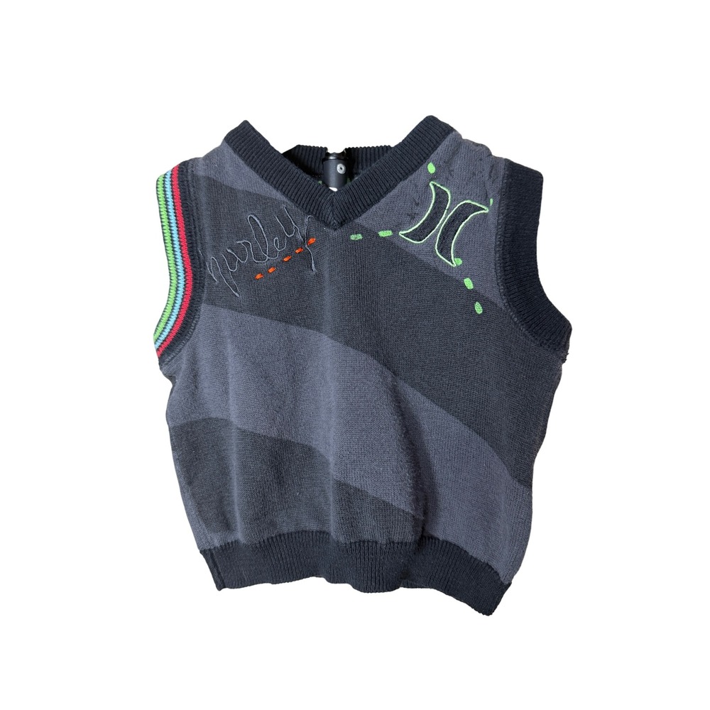 Hurley Kids Grey Striped Cotton Knit Sweater Vest Embroidered Logo 18M
